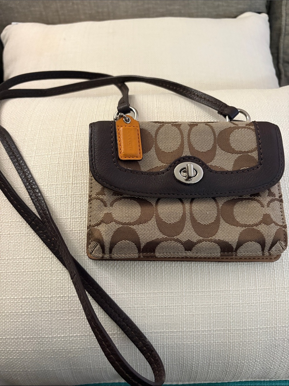 Coach Brown/Tan Signature Crossbody with Orange Tag